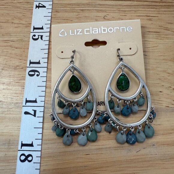 Liz Claiborne Silver-Tone Teardrop Earrings With Green & Blue Accents Surgical - Picture 4 of 5